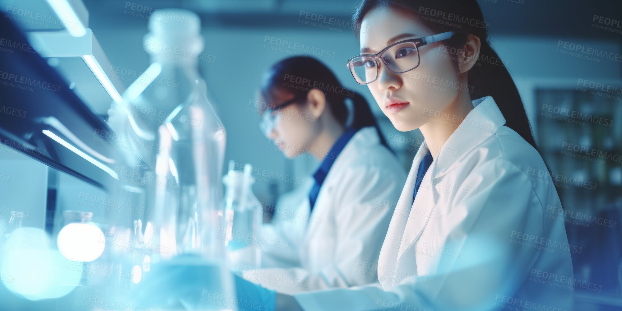 Buy stock photo Scientist, asian female or professional working in a laboratory for medical research, biotechnology or chemistry. Confident, student or woman looking at medical results or scientific development