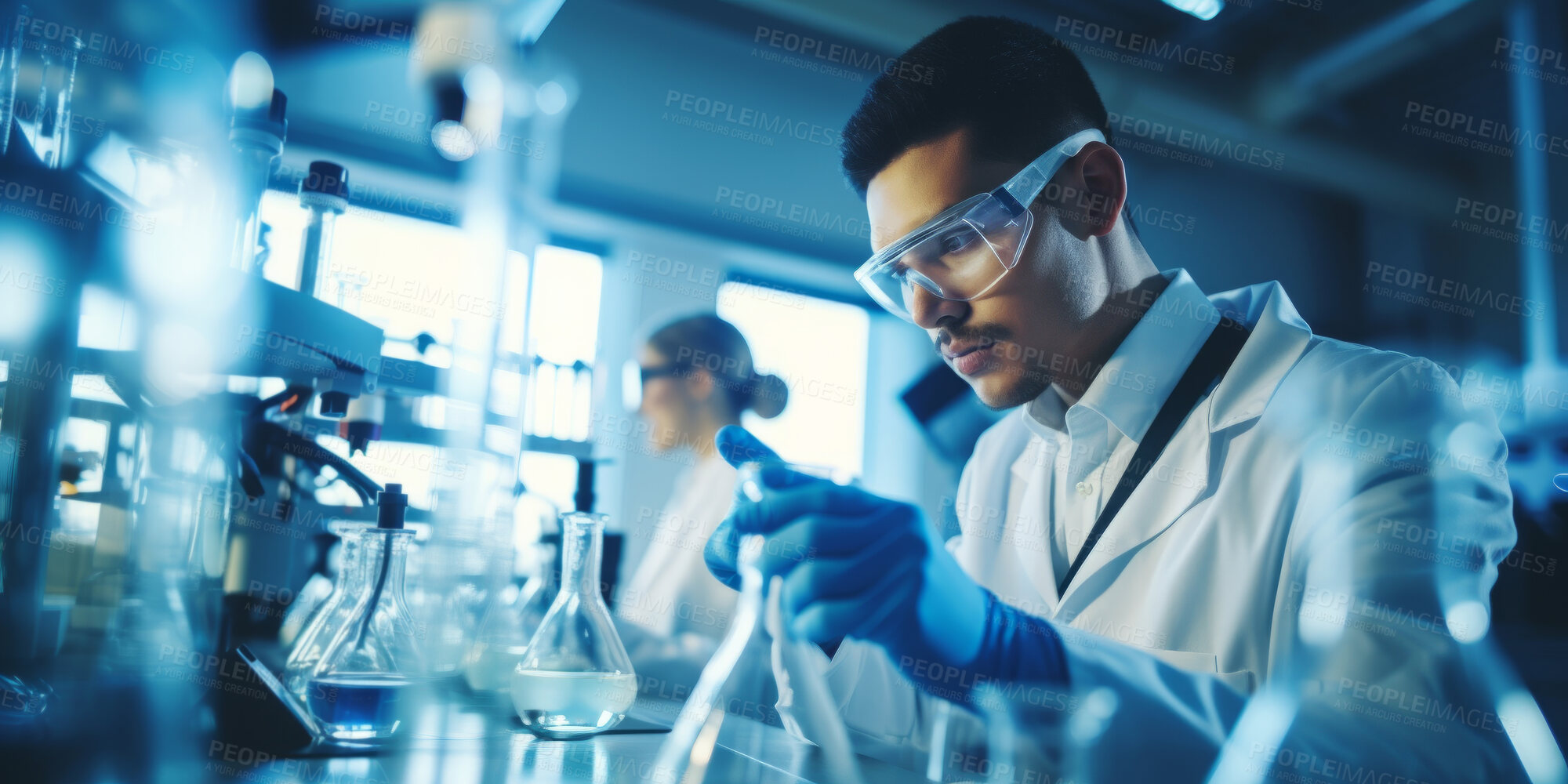 Buy stock photo Scientist, male or professional working in a laboratory for medical research science, biotechnology or chemistry. Confident, student or young man looking at medical results or scientific development