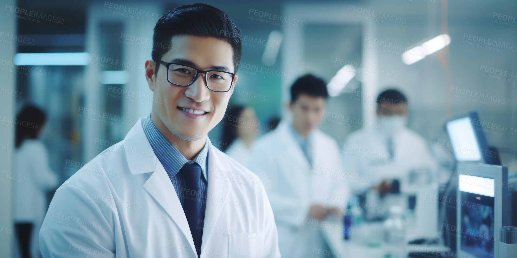 Buy stock photo Portrait, scientist or asian male professional working in a laboratory for medical science research, biotechnology or chemistry. Confident, student or young man wearing a lab coat for science