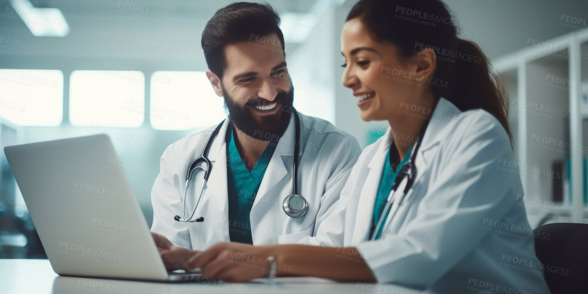 Buy stock photo Doctors, nurse or laptop in hospital for healthcare, planning research or surgery teamwork in wellness clinic. Talking, thinking or medical staff on technology for collaboration help or insurance