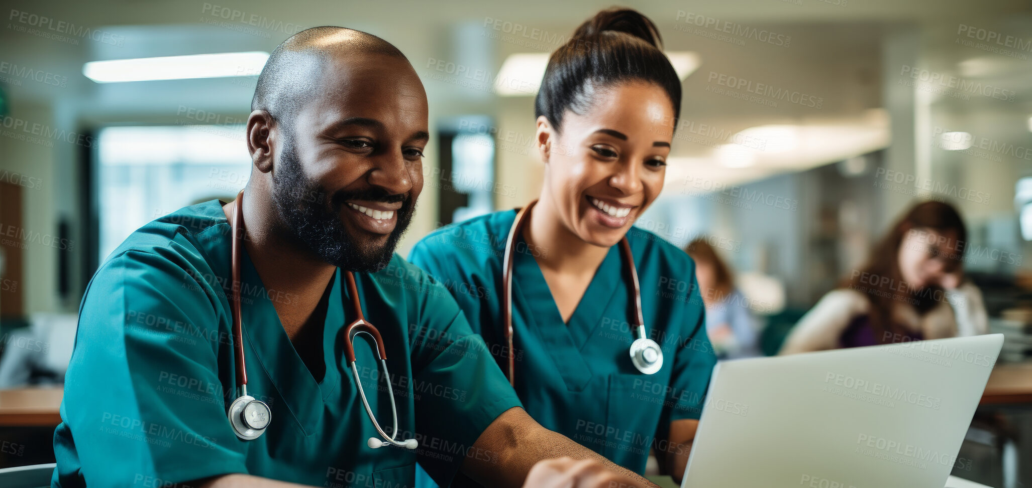 Buy stock photo Doctors, nurse or laptop in hospital for healthcare, planning research or surgery teamwork in wellness clinic. Talking, thinking or medical staff on technology for collaboration help or insurance