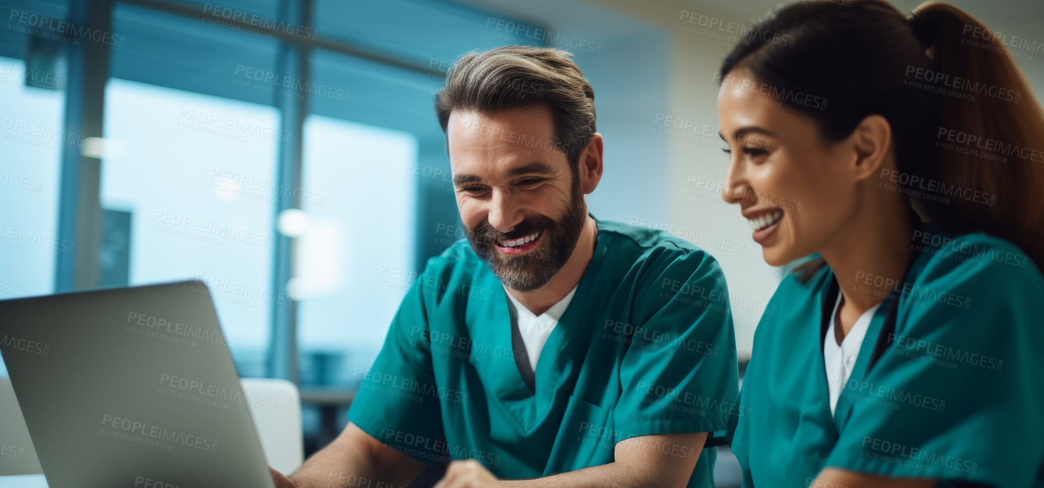 Buy stock photo Doctors, nurse or laptop in hospital for healthcare, planning research or surgery teamwork in wellness clinic. Talking, thinking or medical staff on technology for collaboration help or insurance