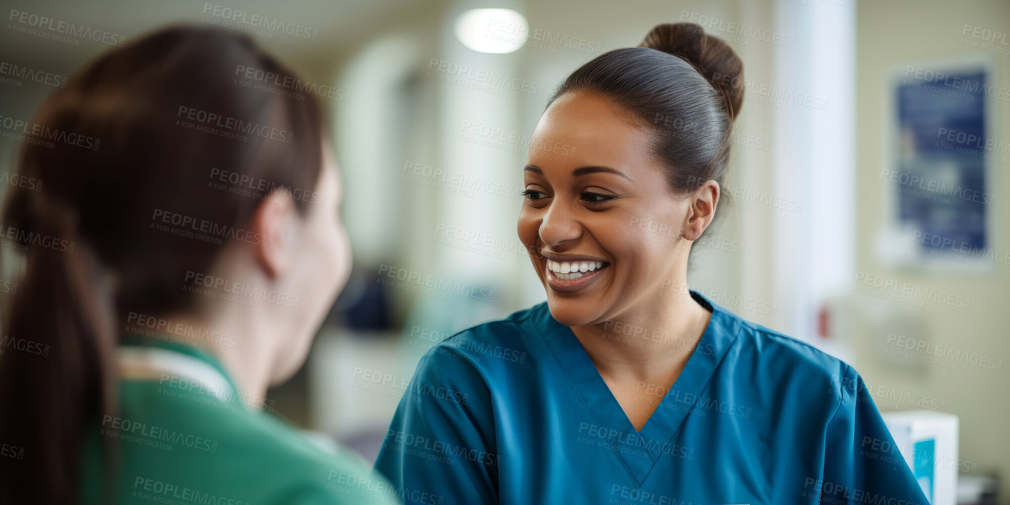 Buy stock photo Doctors, female nurse or discussion in hospital for healthcare, planning research or surgery teamwork in wellness hospital. Talking, smiling or medical staff for surgery success or collaboration help