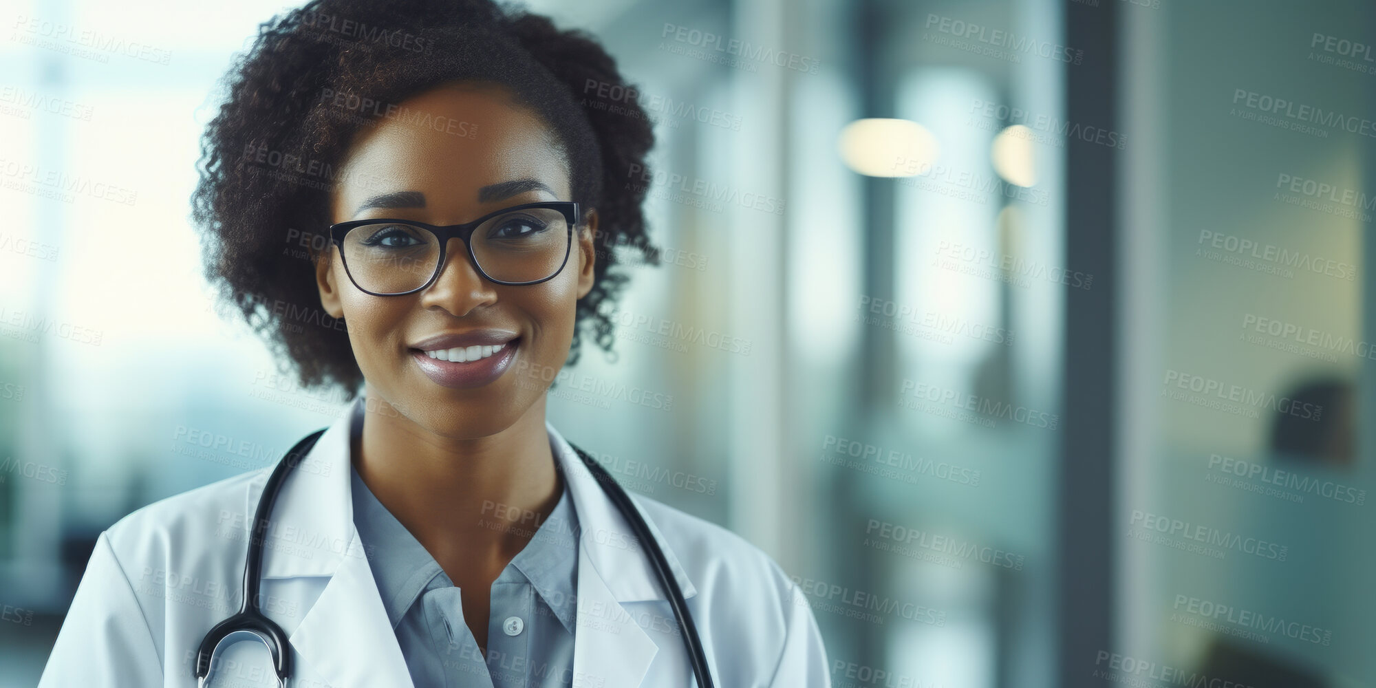 Buy stock photo Portrait, young female and doctor in a hospital for healthcare, surgeon and medical service. Confident, smile and friendly woman in a clinic for consultation, health exam, professional occupation