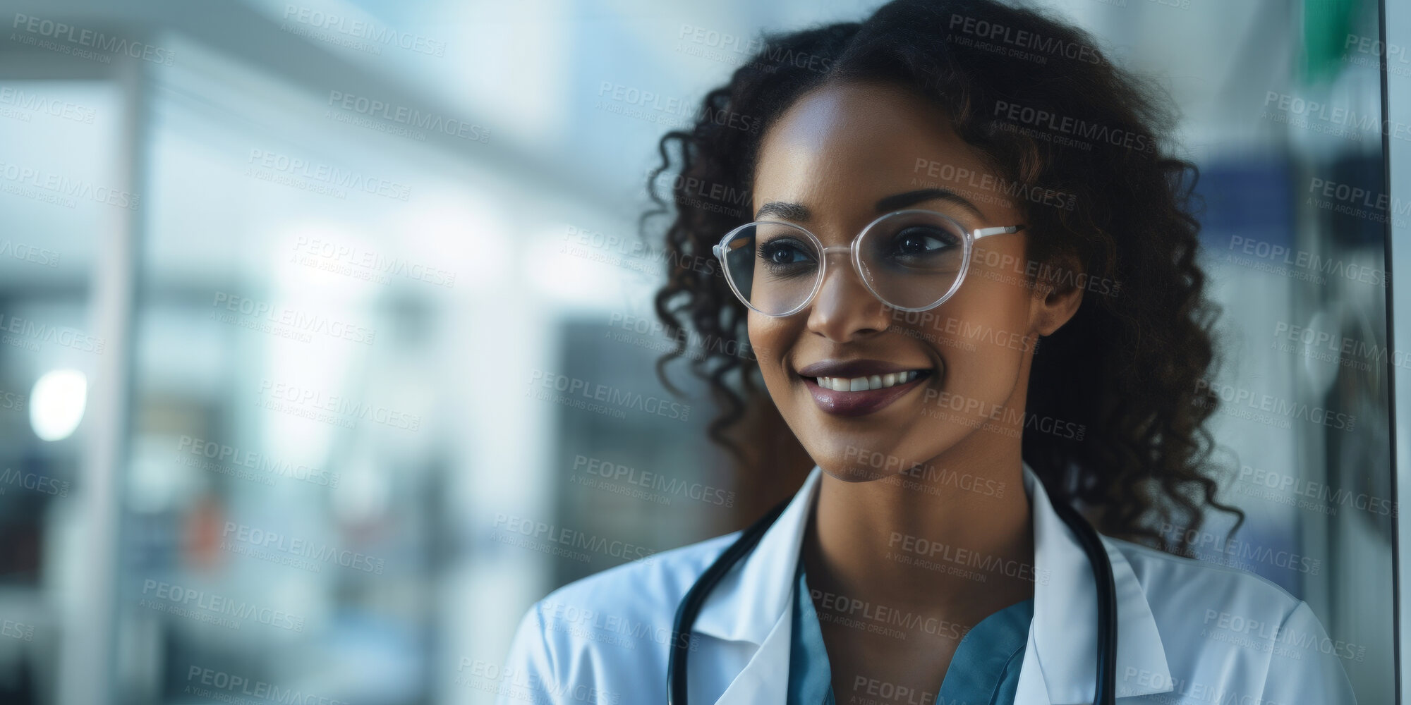 Buy stock photo Portrait, young female and doctor in a hospital for healthcare, surgeon and medical service. Confident, smile and friendly woman in a clinic for consultation, health exam, professional occupation