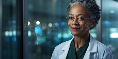 Portrait, mature female and doctor in a hospital for healthcare, surgeon and medical service. Confident, smile and friendly senior woman in a clinic for consultation, health professional occupation