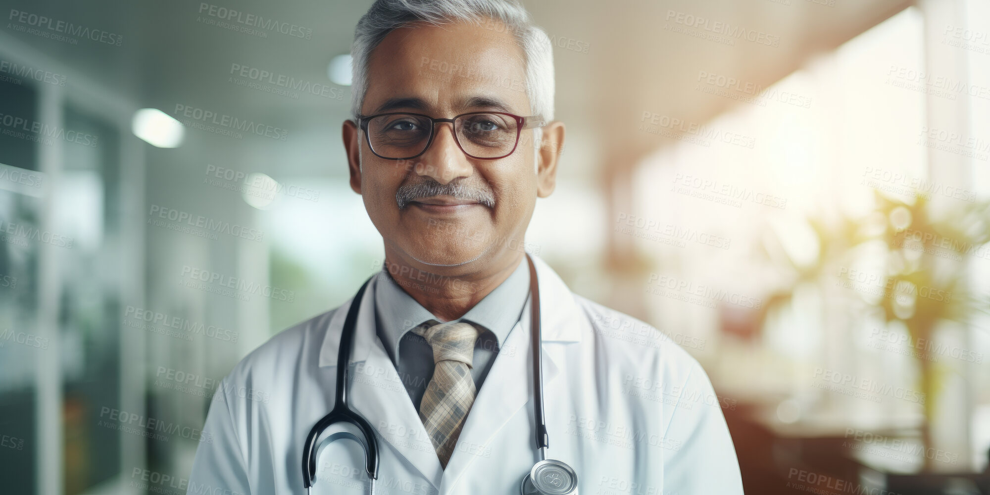 Buy stock photo Portrait, mature male and doctor in a hospital for healthcare, surgeon and medical service. Confident, smile and friendly senior man in a clinic for consultation, health professional occupation