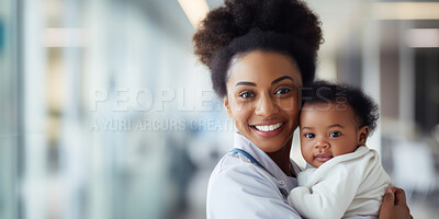 Portrait, Paediatrician and doctor holding a newborn baby in a clinic for exam, growth development and health. Happy, smile and caring medical professional in a hospital for infant care and patient