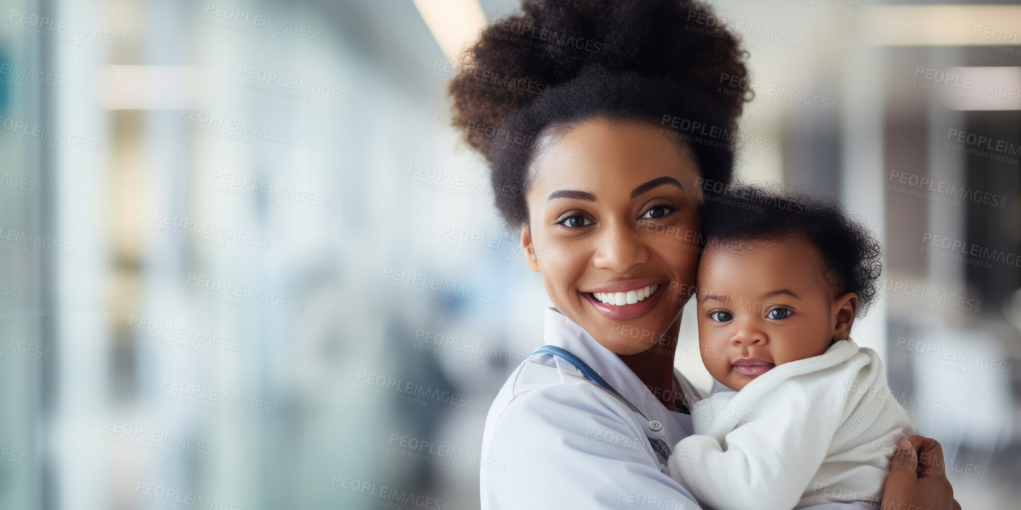 Buy stock photo Portrait, Paediatrician and doctor holding a newborn baby in a clinic for exam, growth development and health. Happy, smile and caring medical professional in a hospital for infant care and patient