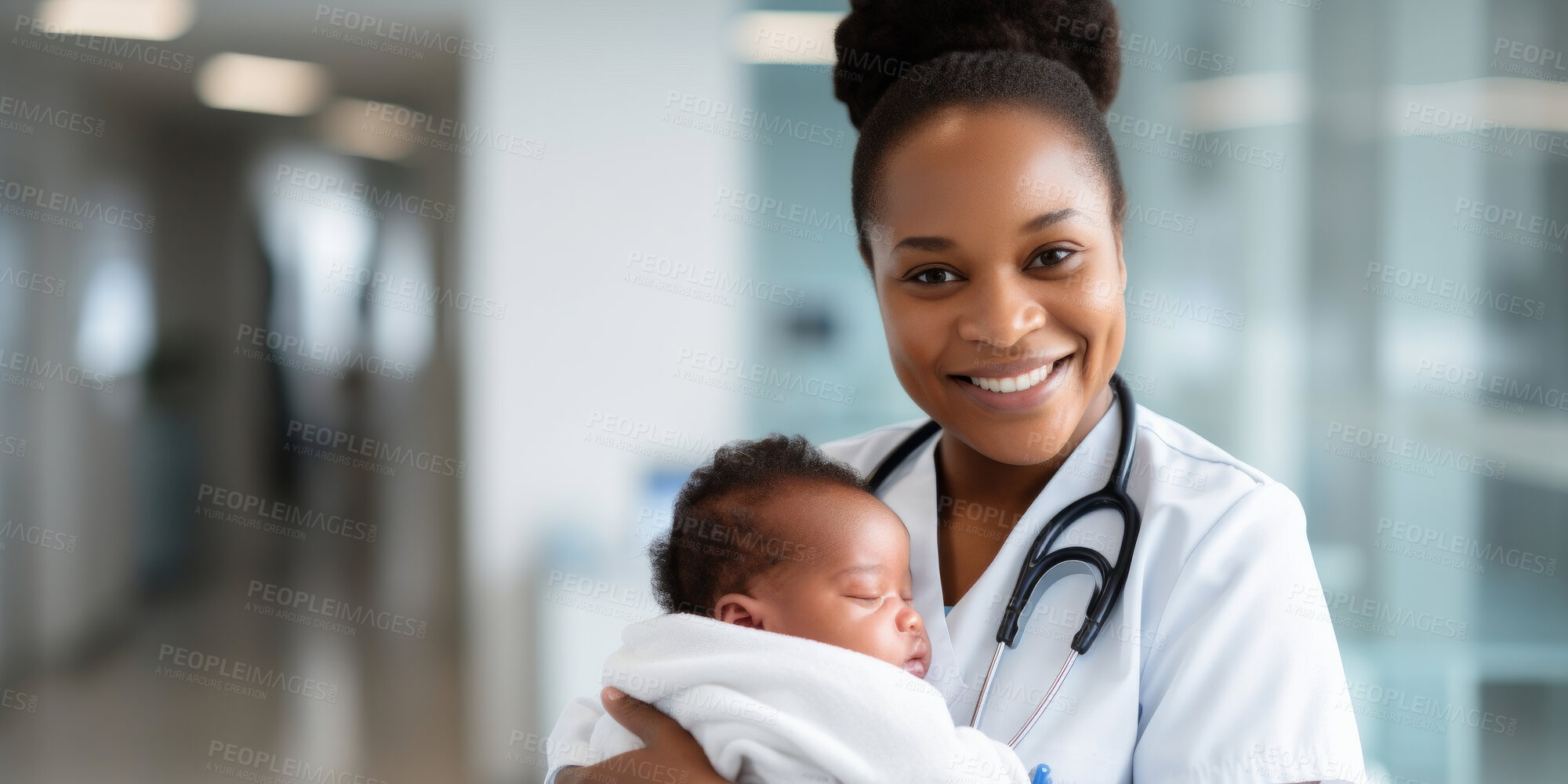 Buy stock photo Portrait, Paediatrician and doctor holding a newborn baby in a clinic for exam, growth development and health. Happy, smile and caring medical professional in a hospital for infant care and patient