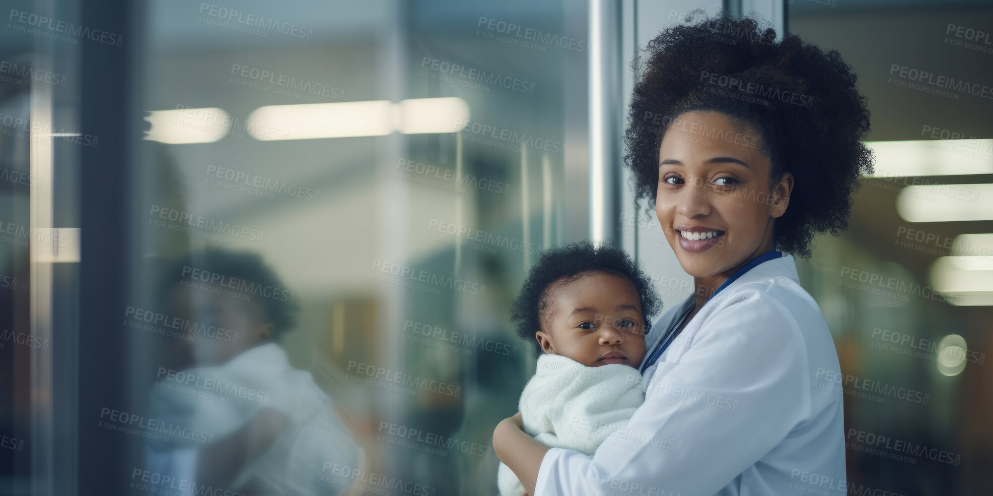 Buy stock photo Portrait, Paediatrician and doctor holding a newborn baby in a clinic for exam, growth development and health. Happy, smile and caring medical professional in a hospital for infant care and patient