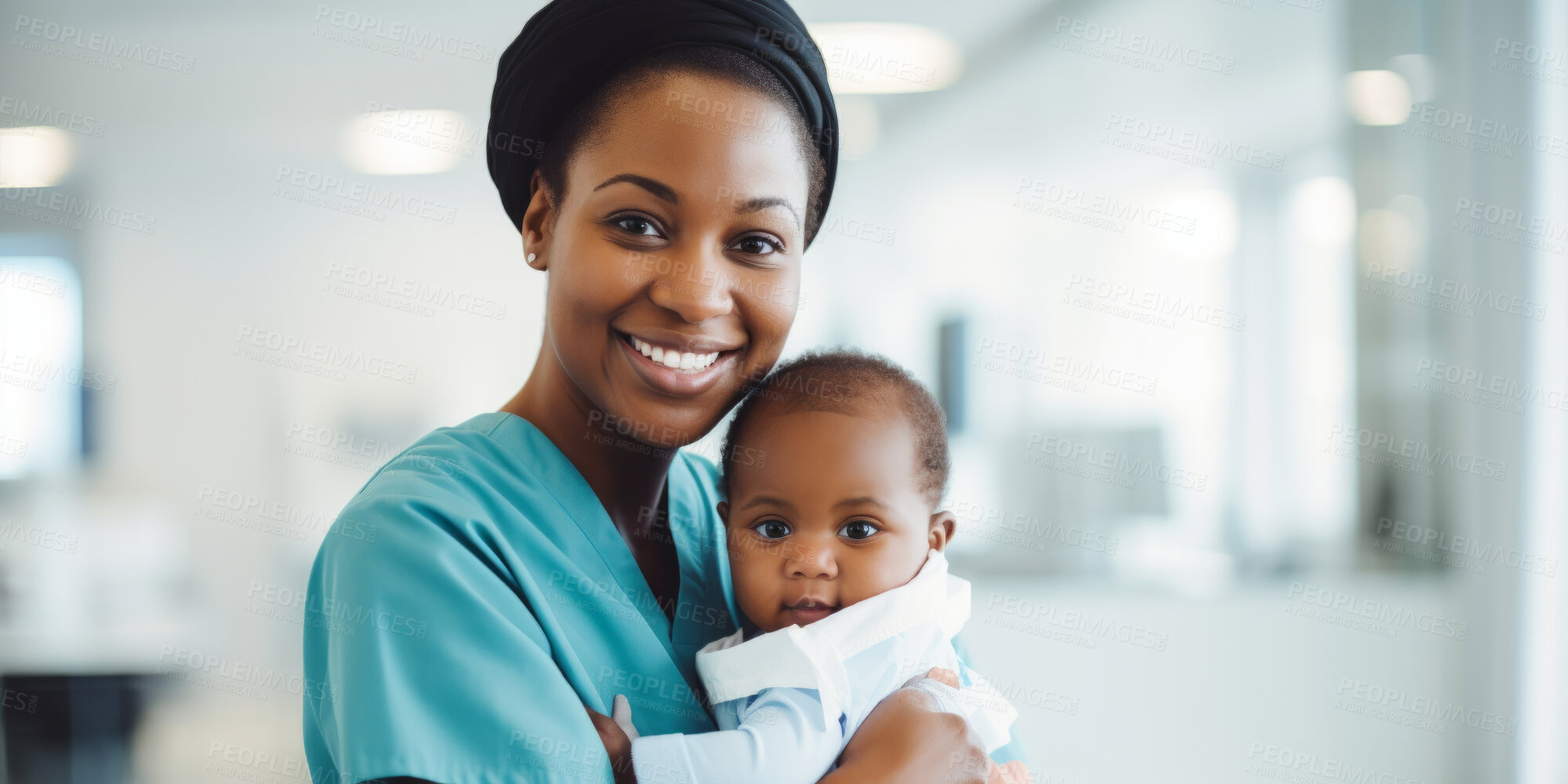 Buy stock photo Portrait, Paediatrician and doctor holding a newborn baby in a clinic for exam, growth development and health. Happy, smile and caring medical professional in a hospital for infant care and patient