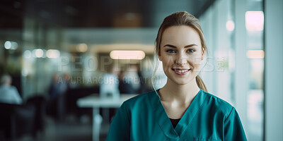 Portrait, female and nurse in a hospital or clinic for healthcare, intern or medical service. Confident, smile and friendly woman wearing scrubs for assistance, care or professional occupation