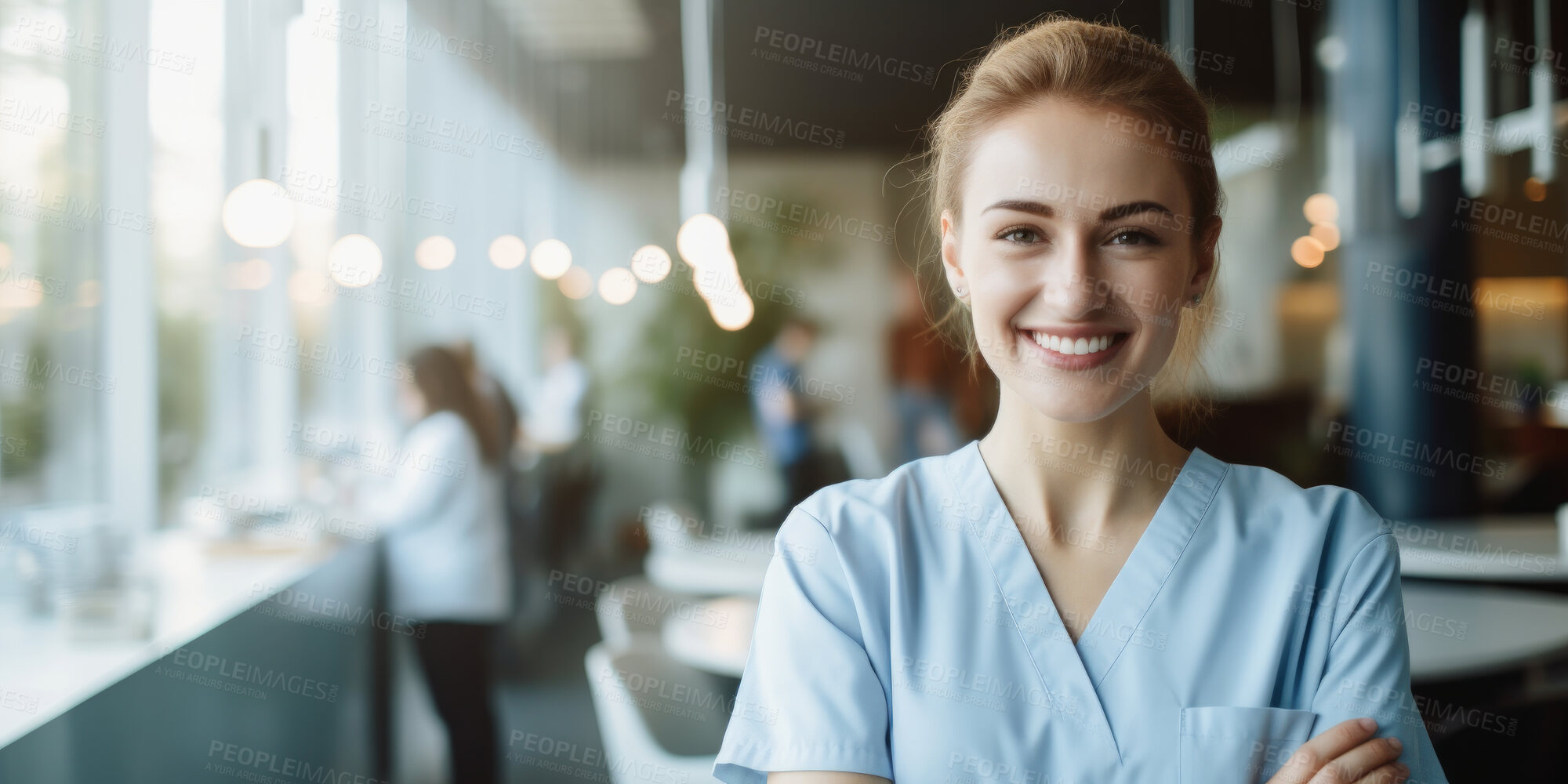 Buy stock photo Portrait, female and nurse in a hospital or clinic for healthcare, intern or medical service. Confident, smile and friendly woman wearing scrubs for assistance, care or professional occupation