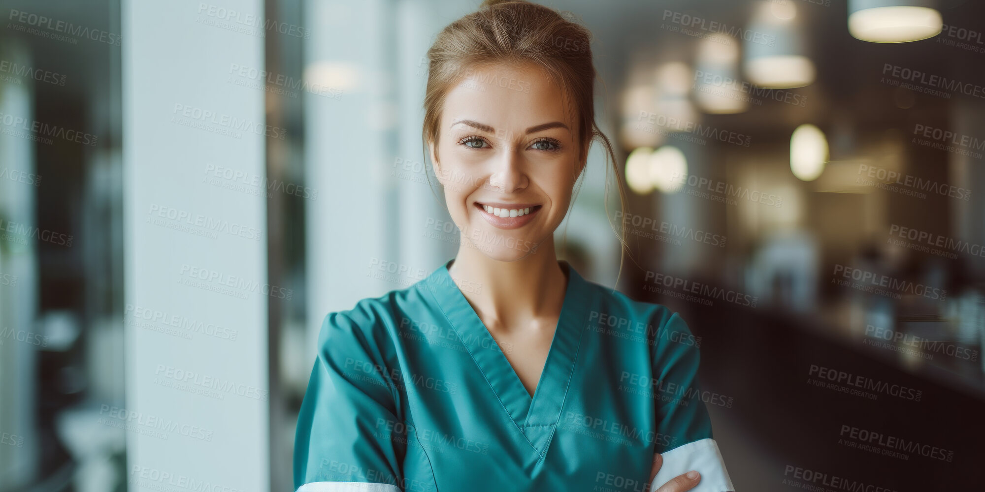 Buy stock photo Portrait, female and nurse in a hospital or clinic for healthcare, intern or medical service. Confident, smile and friendly woman wearing scrubs for assistance, care or professional occupation