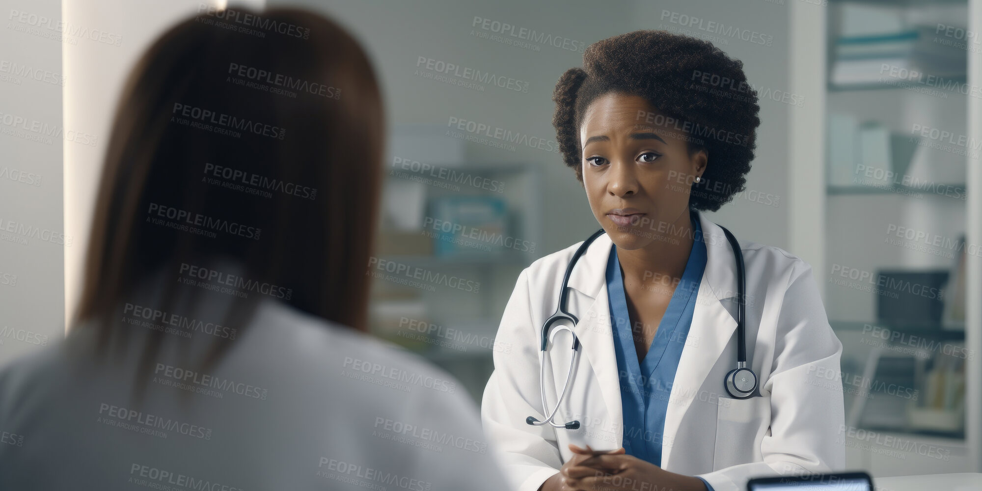 Buy stock photo Doctor, female patient and conversation in an office for medical exam results or consultation in a hospital. Confident, woman and serious discussion about health, insurance or treatment for illness