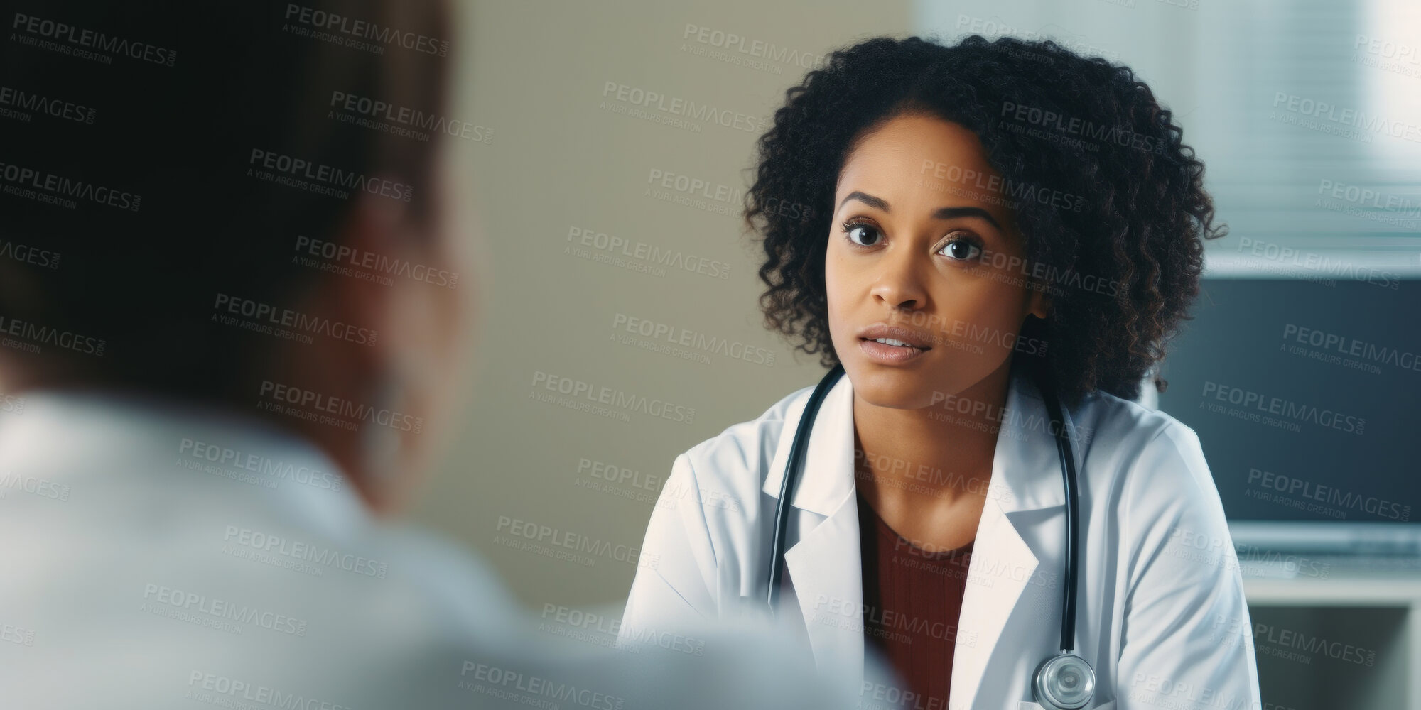 Buy stock photo Doctor, female patient and conversation in an office for medical exam results or consultation in a hospital. Confident, woman and serious discussion about health, insurance or treatment for illness