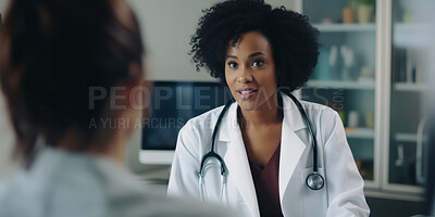 Doctor, female patient and conversation in an office for medical exam results or consultation in a hospital. Confident, woman and serious discussion about health, insurance or treatment for illness