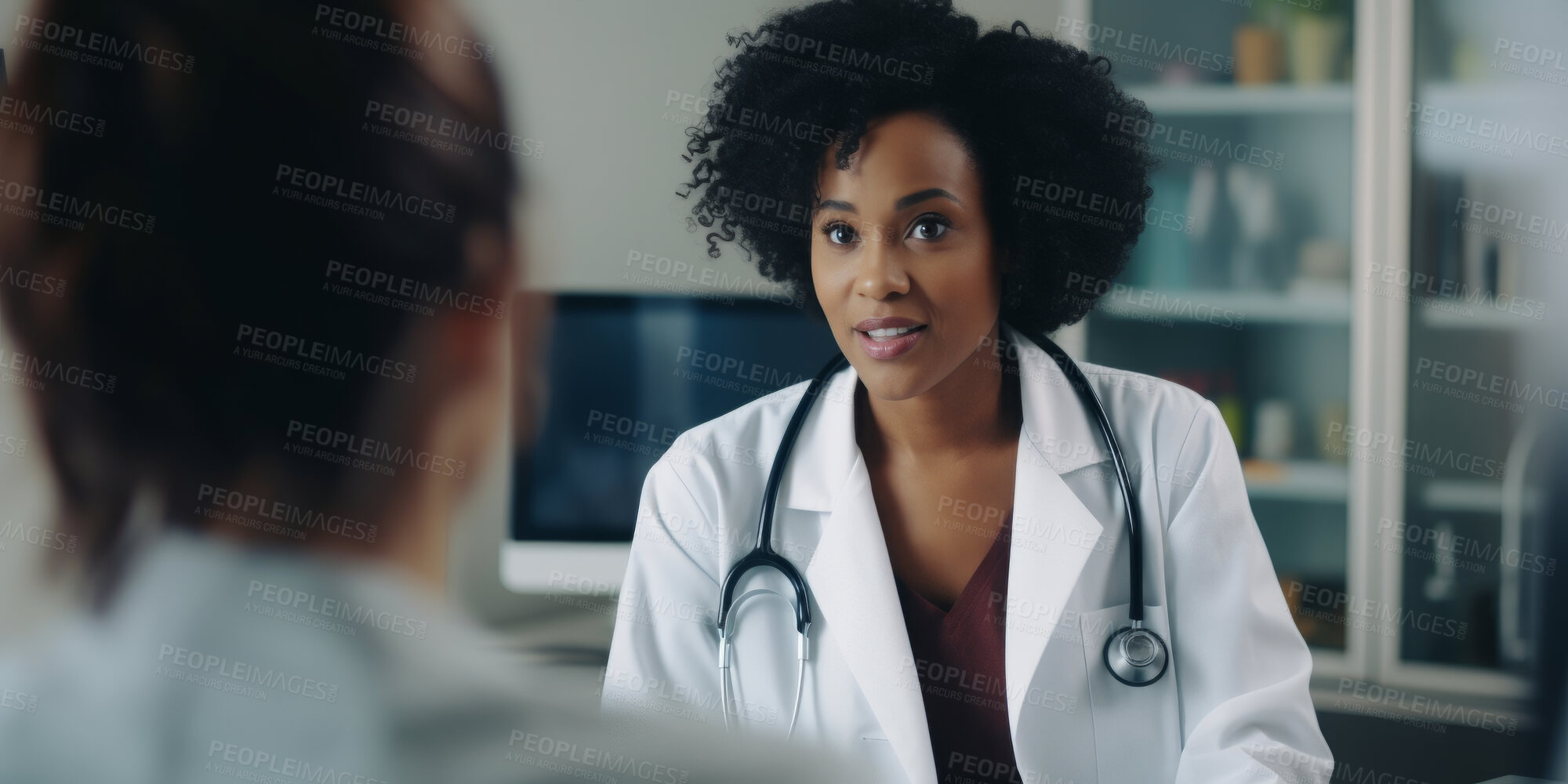 Buy stock photo Doctor, female patient and conversation in an office for medical exam results or consultation in a hospital. Confident, woman and serious discussion about health, insurance or treatment for illness