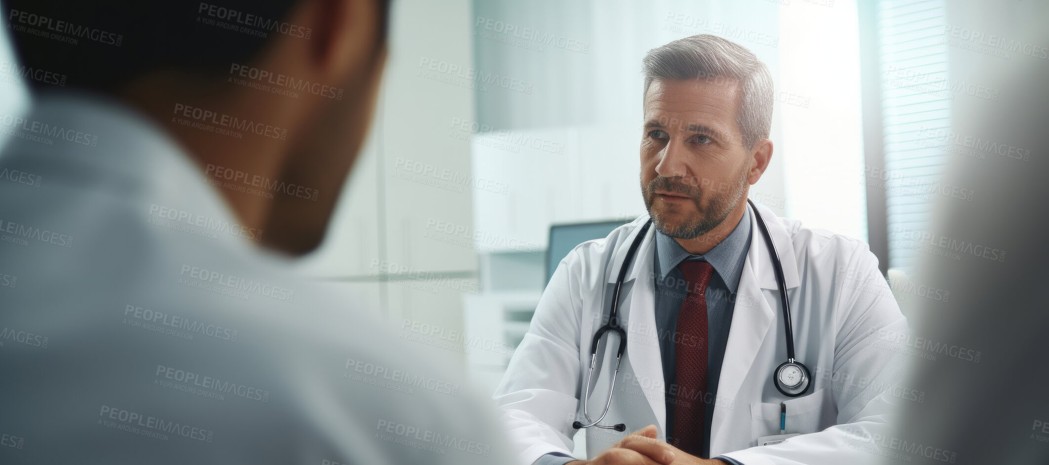 Buy stock photo Doctor, male patient and conversation in an office for medical exam results or consultation in a hospital. Confident, man and serious discussion about health, insurance or treatment for illness