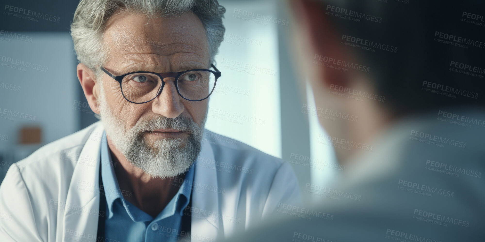 Buy stock photo Doctor, male patient and conversation in an office for medical exam results or consultation in a hospital. Confident, man and serious discussion about health, insurance or treatment for illness