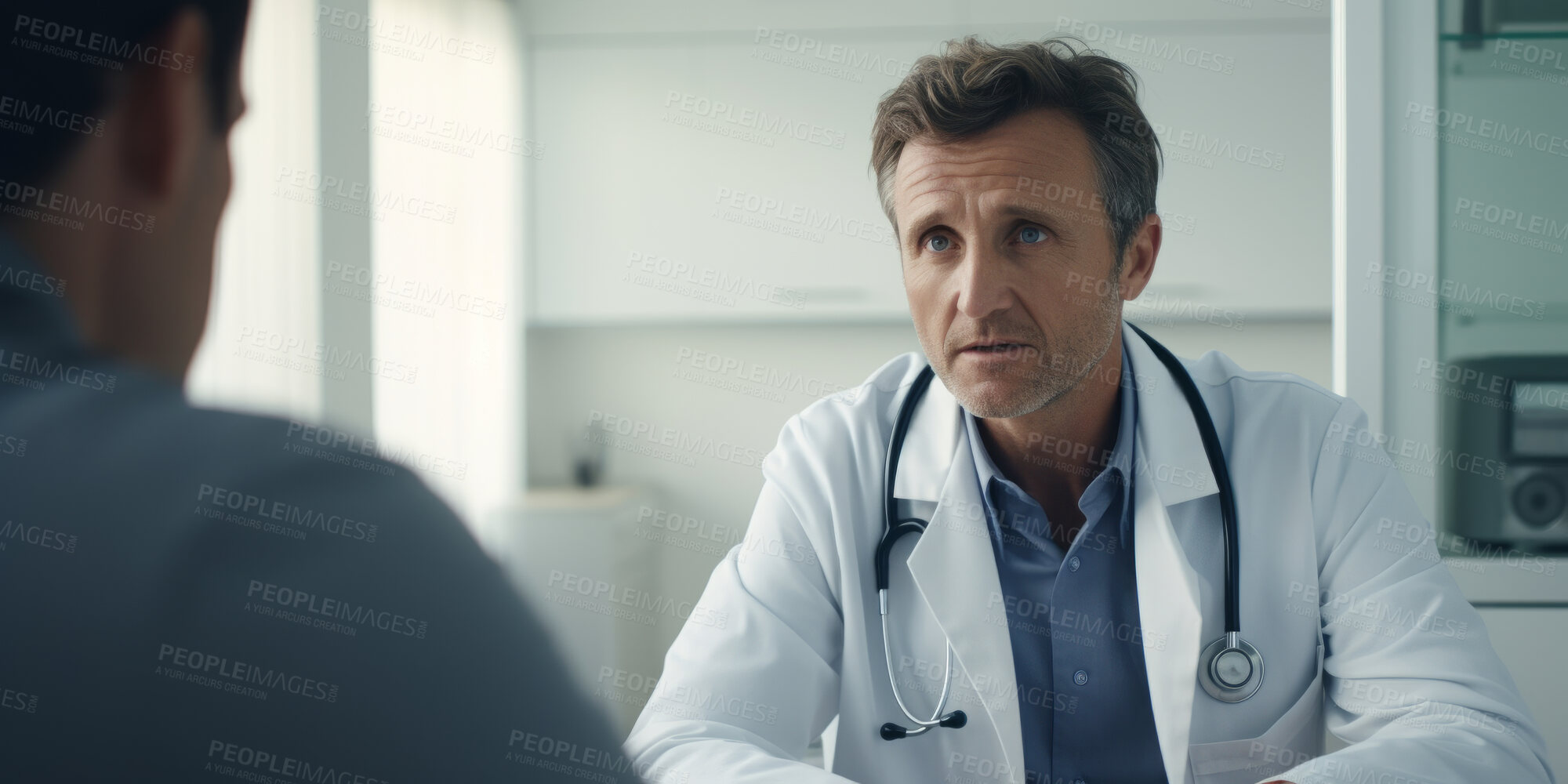 Buy stock photo Doctor, male patient and conversation in an office for medical exam results or consultation in a hospital. Confident, man and serious discussion about health, insurance or treatment for illness