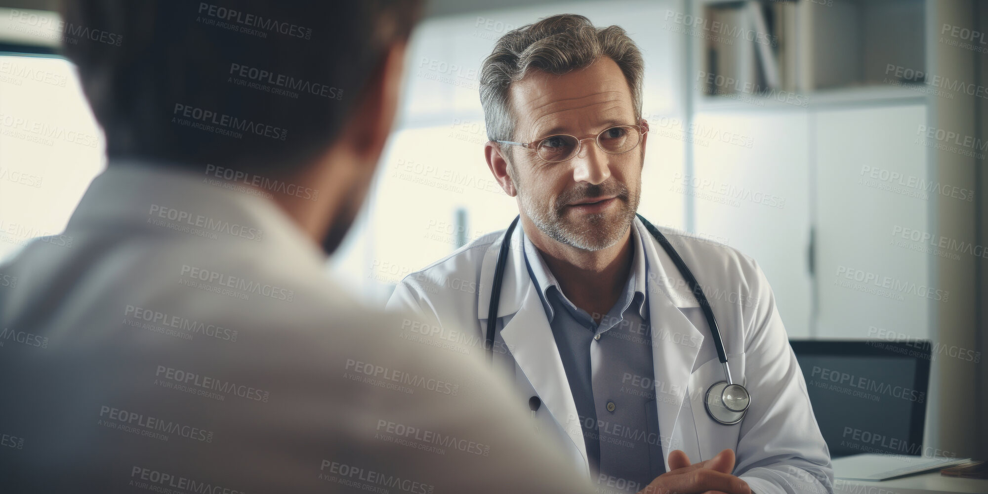 Buy stock photo Doctor, male patient and conversation in an office for medical exam results or consultation in a hospital. Confident, man and serious discussion about health, insurance or treatment for illness