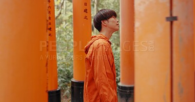 Japanese man, walk and torii gate for religion in shinto culture for thinking, ideas and nature in forest. Person, statue and memory on spiritual journey, Fushimi Inari shrine and faith in Kyoto