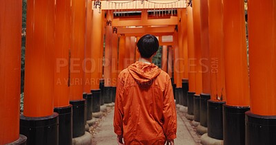 Man, outdoor and walk by shinto torii gate, back and culture for thinking, ideas and nature in forest. Person, statue and memory on spiritual journey, Fushimi Inari shrine and architecture in Kyoto