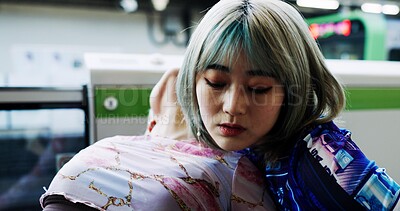 Buy stock photo Japanese women, friends hug and city by train station with care, kindness and bonding on vacation. Girl, embrace and love in metro for transportation, travel or gen z fashion with streetwear in Tokyo