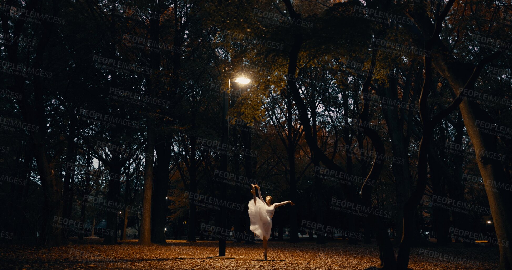 Buy stock photo Ballet, dance and night or outdoor performance at park street lamp or outdoor, practice or creative artist. Female person, leg and dress on pointe in Japanese garden or talent, entertainment or skill