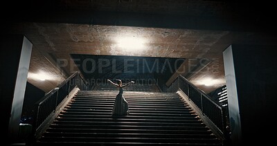 Buy stock photo Ballet dancer, night and woman on stairs, training and artistic with performance, light and talent. Person, dancing and girl with workout, culture and practice with routine, freedom and alone