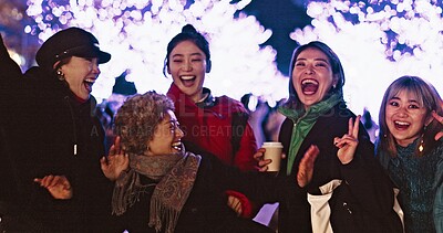 Buy stock photo Women, city or happy people in festival, party or night event on holiday vacation on New Years. Japanese, dancing or group of friends laughing together with energy, freedom or lights with peace sign