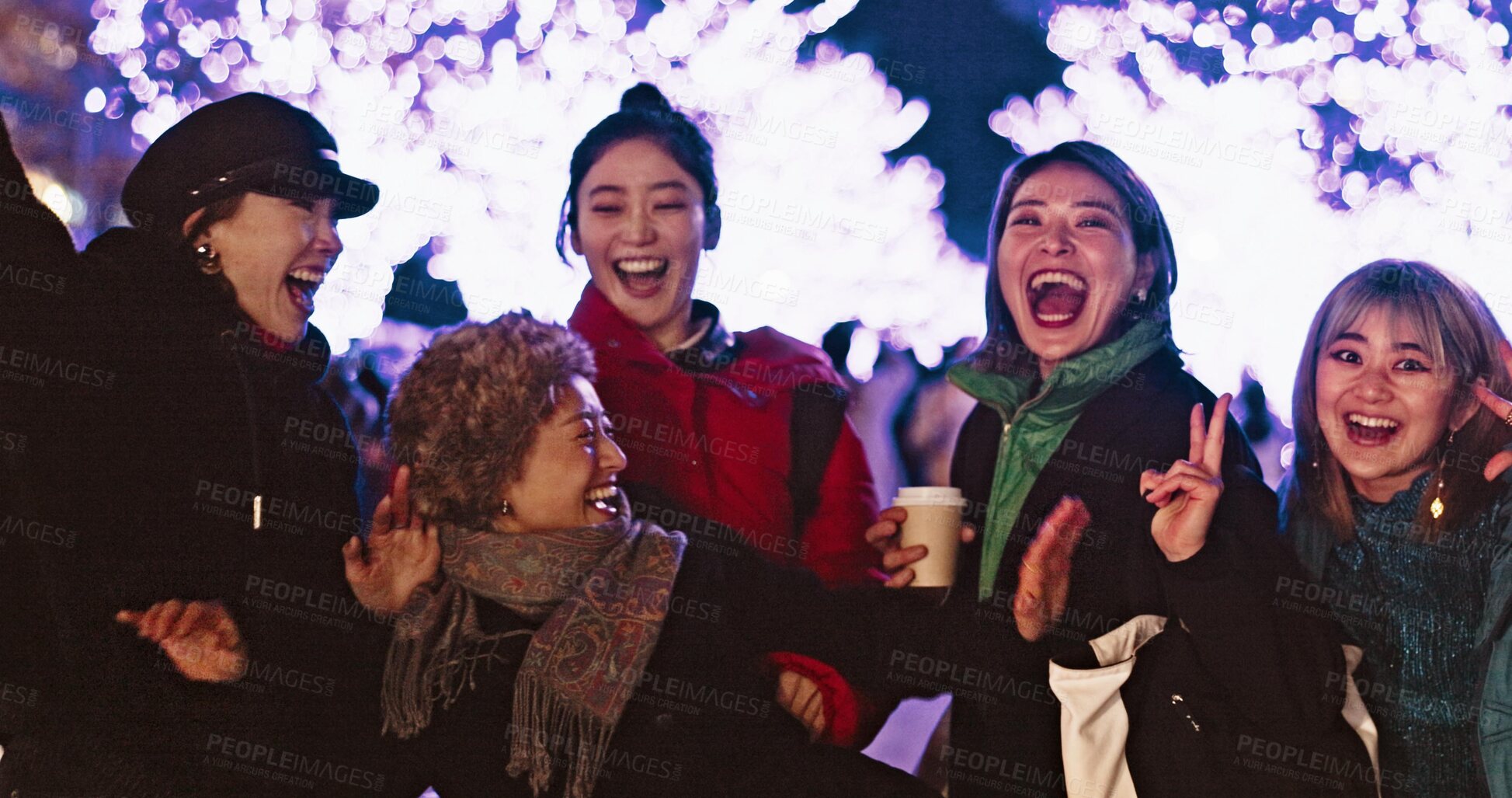 Buy stock photo Women, city or happy people in festival, party or night event on holiday vacation on New Years. Japanese, dancing or group of friends laughing together with energy, freedom or lights with peace sign