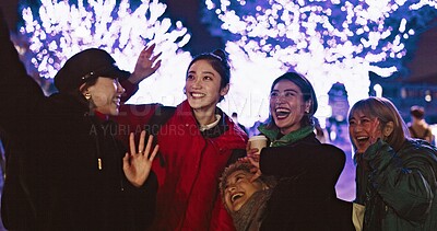 Buy stock photo Friends, city or happy people in selfie, party or night event on holiday vacation together on New Years. Japanese, vlogging online or group of women laughing in video call with energy, smile or joy