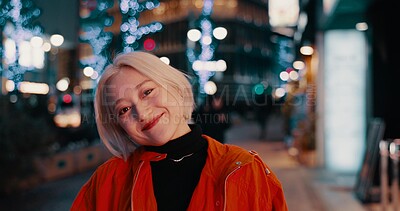 Buy stock photo Happy woman, portrait and night in Japanese city of Tokyo with freedom on travel, adventure or journey. Gen z, girl or excited to explore urban town street on vacation or holiday with neon lights