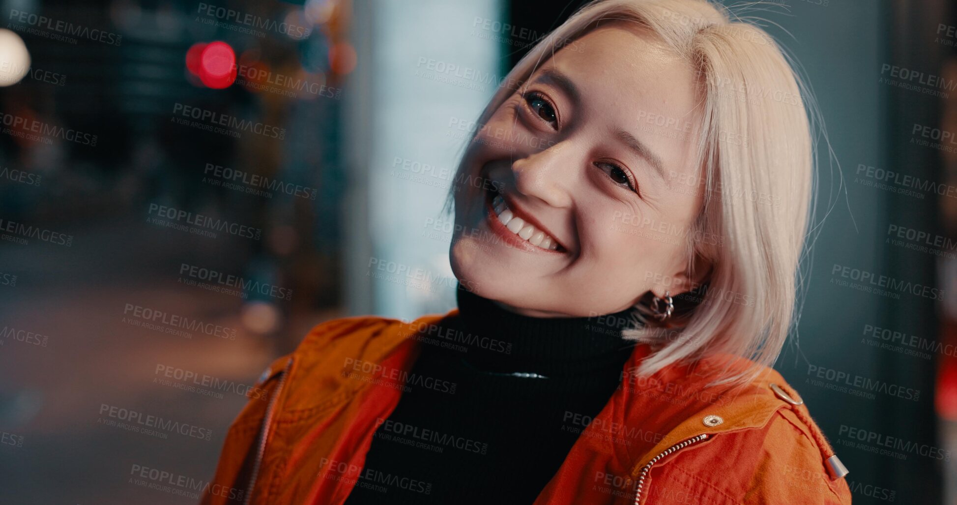 Buy stock photo Woman, portrait and smile in city at night on Japanese street for explore, vacation or bokeh. Female person, face and happy in urban town for party adventure for tourism travel, fashion or confidence