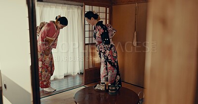 Buy stock photo Traditional, bow and Japanese women with tea for culture with leaves and herbs in tearoom. Friends, ceremony and people with herbal beverage for wellness, mindfulness and detox for drinking ritual