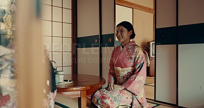 Woman, tea ceremony and Japanese traditional in tatami room for religious culture, respect or ritual. Asian person, kneel and kimono practice or warm drink for mindfulness healing, worship or holy
