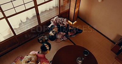 Buy stock photo Woman, tea ceremony and Japanese culture in tatami room for religious faith, respect or ritual. Asian person, kneel and bow in kimono practice or warm drink for mindfulness healing, worship or holy