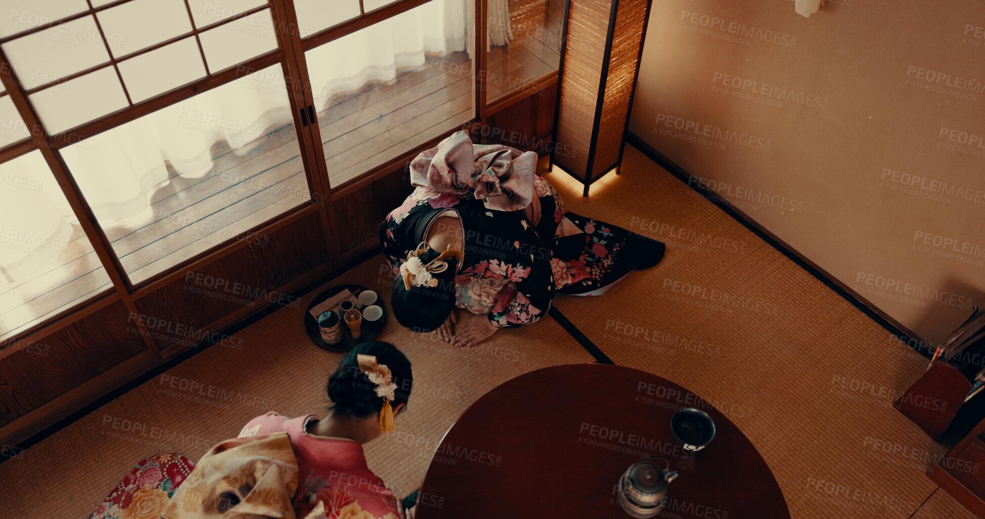 Buy stock photo Woman, tea ceremony and Japanese culture in tatami room for religious faith, respect or ritual. Asian person, kneel and bow in kimono practice or warm drink for mindfulness healing, worship or holy