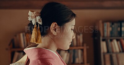 Buy stock photo Japanese, woman and kimono for ceremony or tradition in chashitsu room with indigenous fashion or clothing. Person, ritual and culture for temae, wellness and zen in architecture building in Tokyo