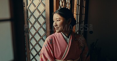 Buy stock photo Japanese, woman and happy in kimono for ceremony in chashitsu room and indigenous fashion or clothing tradition. Person, ritual or culture for temae, wellness or zen in architecture building in Tokyo