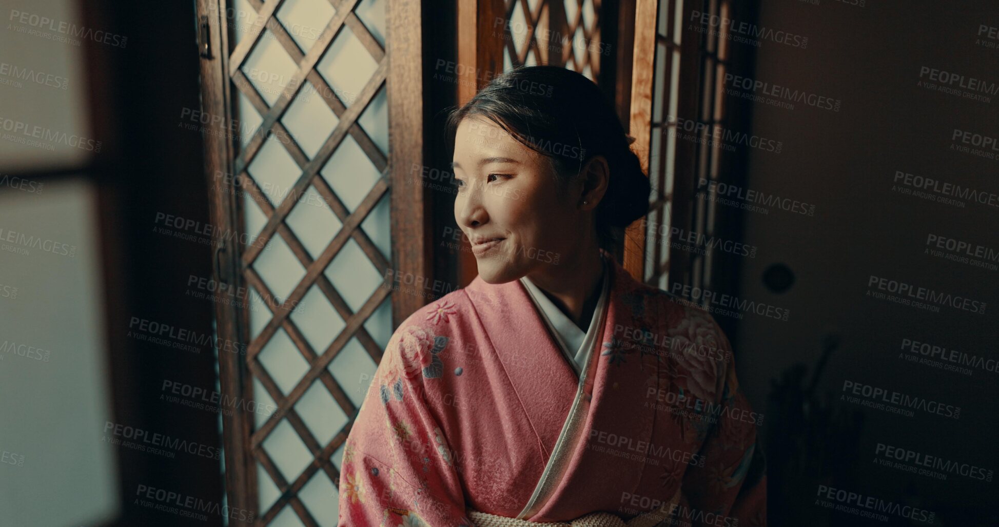 Buy stock photo Japanese, woman and happy in kimono for ceremony in chashitsu room and indigenous fashion or clothing tradition. Person, ritual or culture for temae, wellness or zen in architecture building in Tokyo