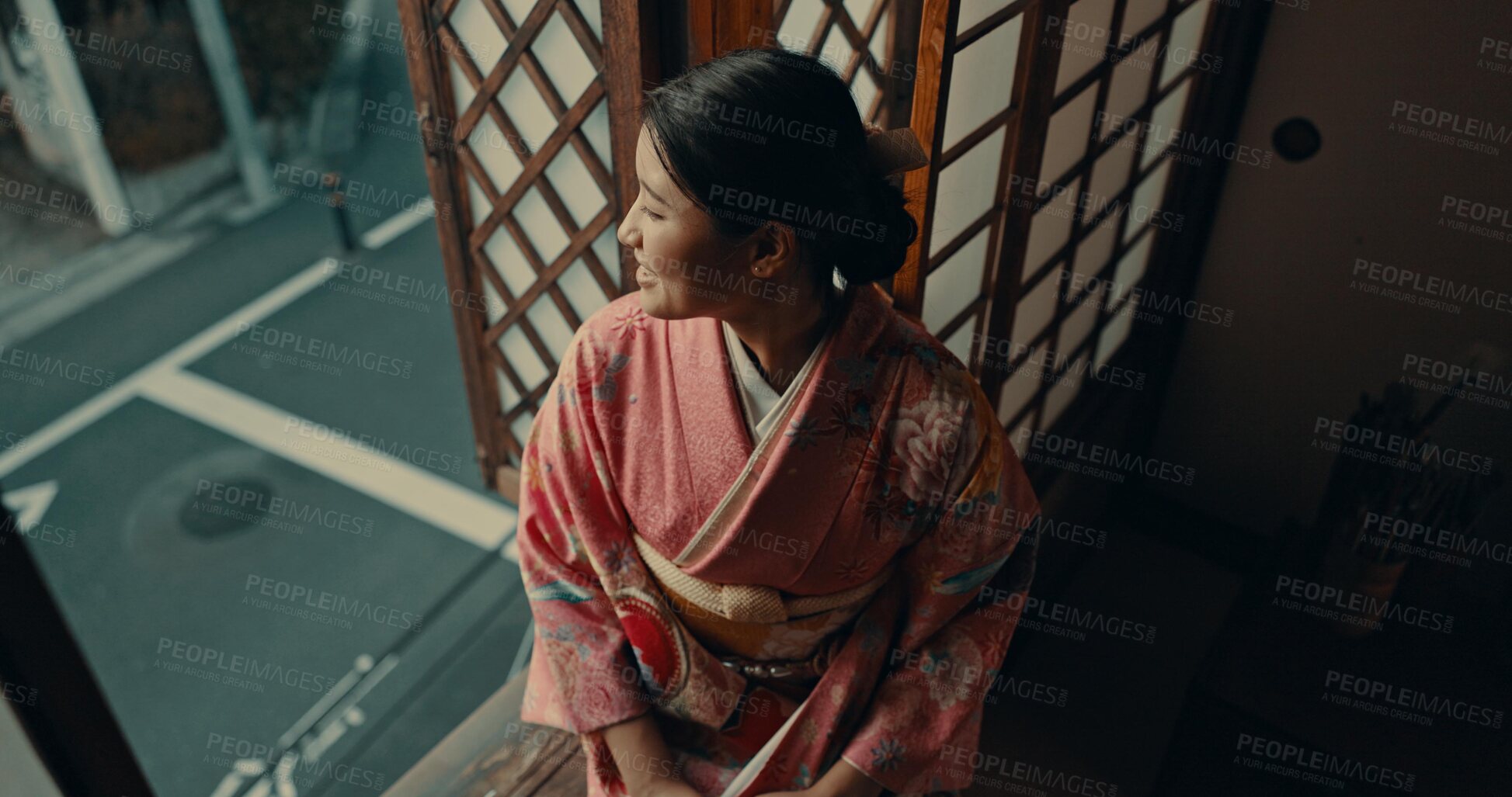 Buy stock photo Japanese woman, window view and traditional clothes in home for vision, ideas or remember by street. Girl, person or thinking with smile, happy memory or mindfulness in morning at apartment in Tokyo