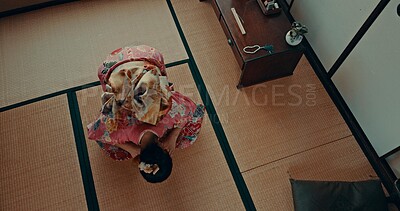 Buy stock photo Japanese woman, praying and bow in shinto religion with meditation, faith and traditional clothes on floor. Girl, person and prayer with mindfulness, zen and balance with peace, calm and mat in Tokyo