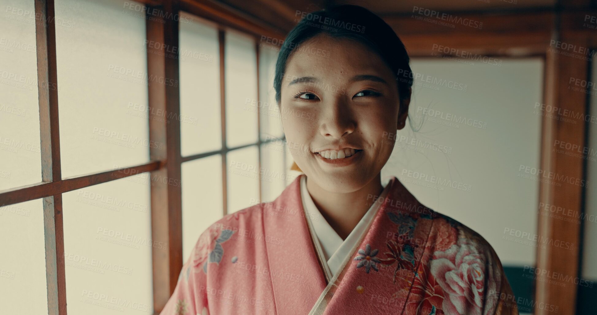 Buy stock photo Ceremony, portrait and Japanese woman in kimono in Chashitsu room with traditional fashion. Vintage, style and girl with pride or happiness for ancient culture and smile in indigenous clothes