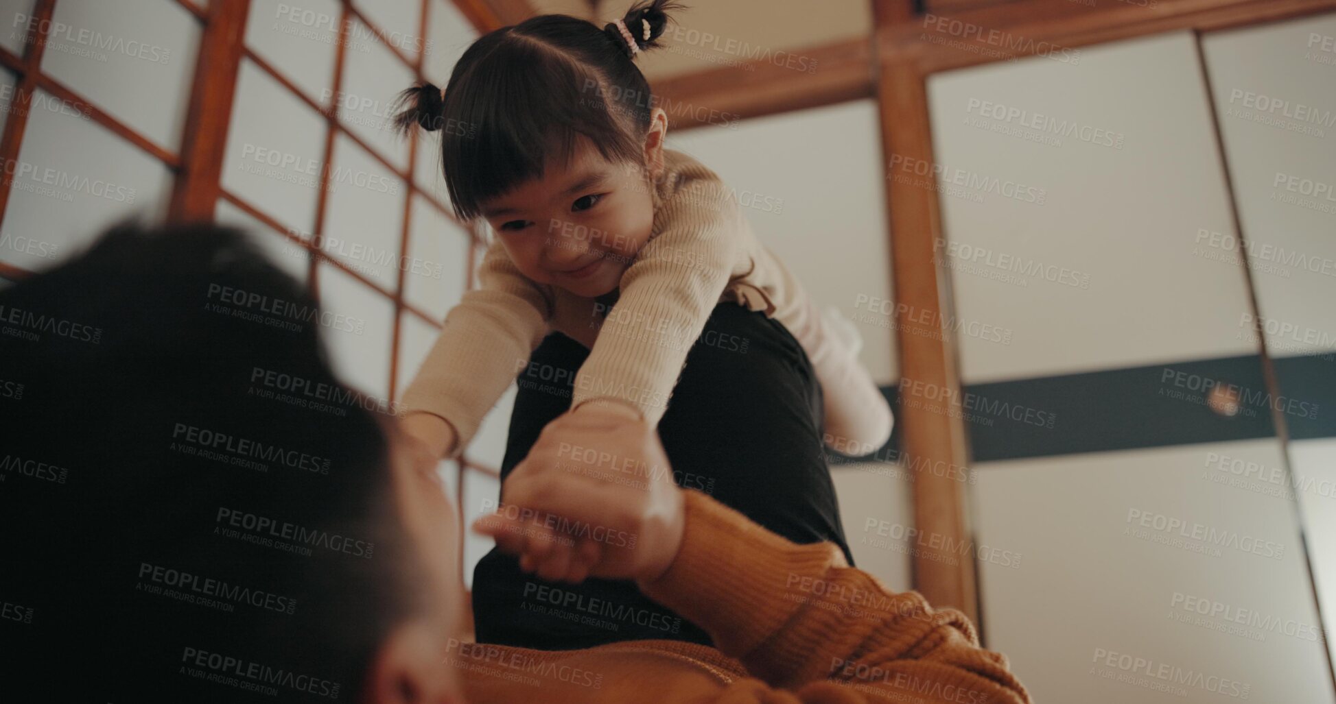 Buy stock photo Father, home and play with daughter, happy and smile for joy, japanese and childhood memories. Dad, girl and fun with child, living room floor and parenting together with love, carefree and caring
