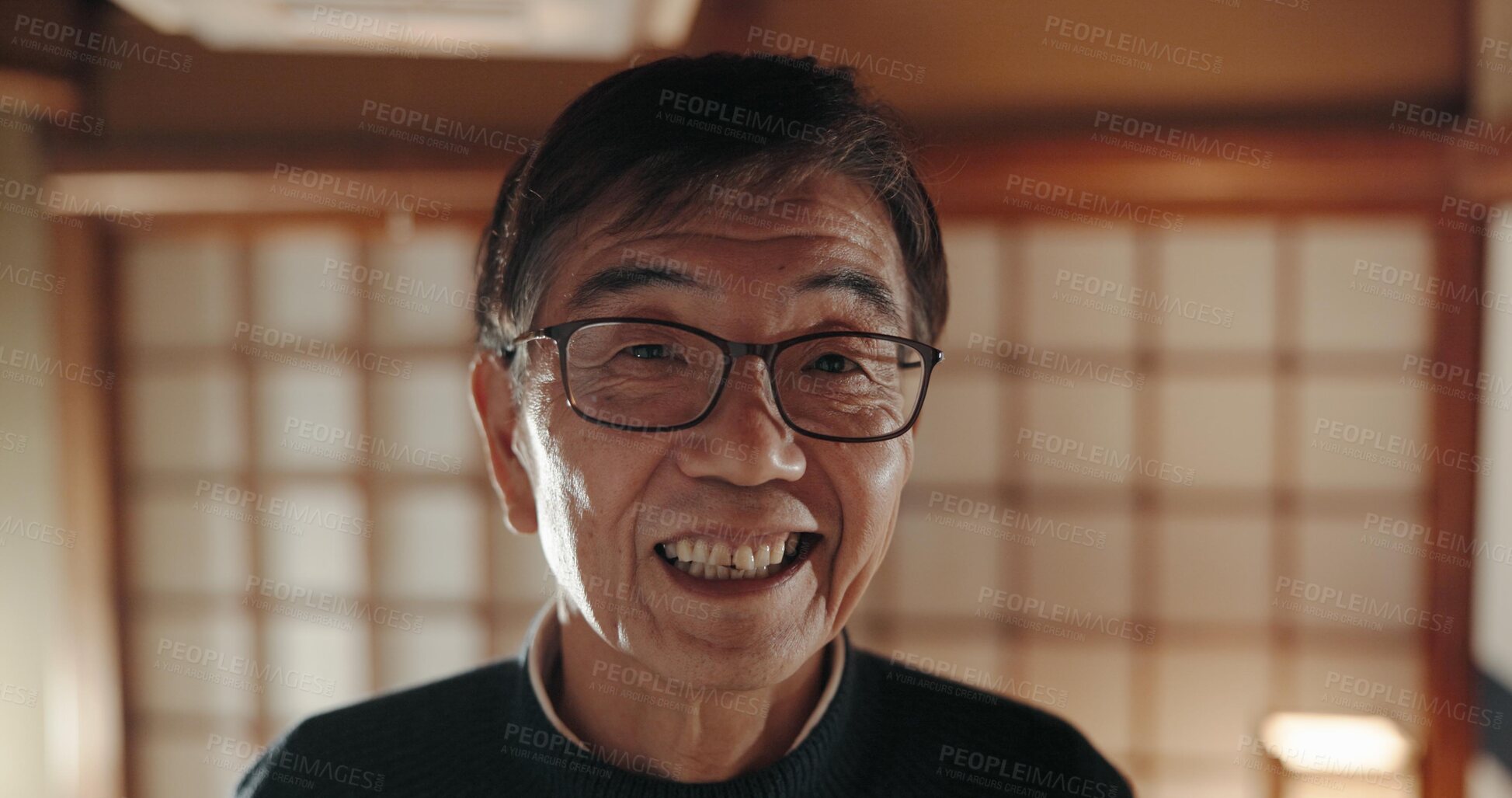 Buy stock photo Happy, portrait and senior Japanese man at his home with positive, good and confident attitude. Smile, glasses and face of elderly male person in retirement with pride in modern house in Tokyo Japan.