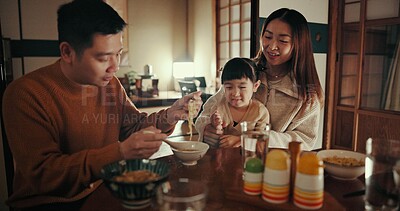 Buy stock photo Family, food and dinner with girl, parents and Japanese with joy, meal and home with happiness. Mother, apartment and father with kid, noodles and bonding together with nutrition, smile and love